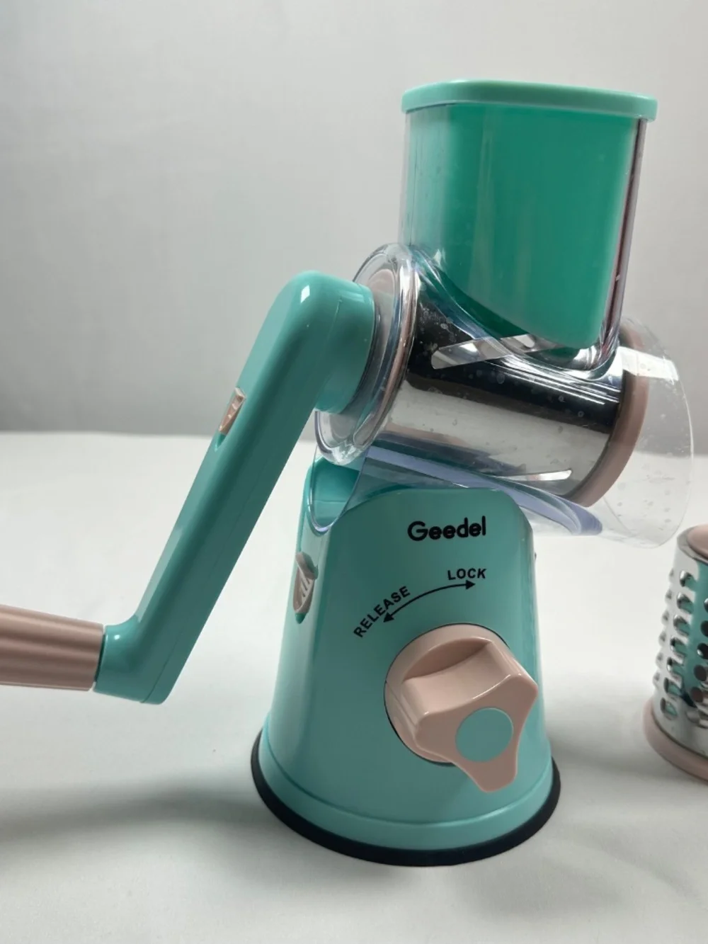 Geedel Rotary Cheese Grater Pink and Teal 3in1 Slicing Julienning & Grinding NIB
